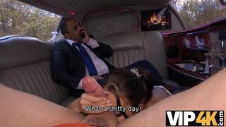 VIP4K. Random passerby scores luxurious bride in the wedding limo