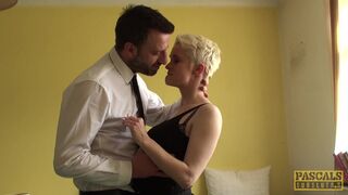 Pixie subslut Mila Milan fed jizz after anal hammering