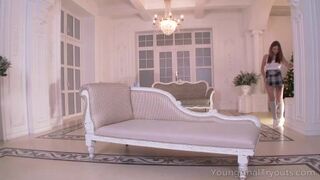 Hot babe kneels to give a deep blowjob before sex.