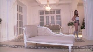 Hot babe kneels to give a deep blowjob before sex.