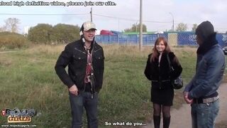 Big titted redhead serving 2 cocks