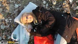 Blonde chick strips naked on the roof