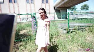 GERMAN SCOUT - Petite 150cm Teen Dragon Fruit with long labia at Outdoor Casting Fuck