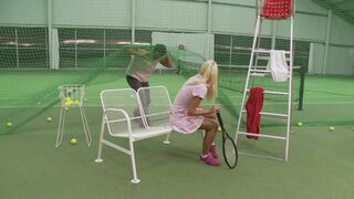 Naughty tennis blonde gets her pussy fucked in the court