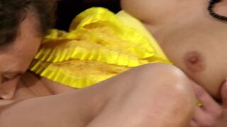 Slutty brunette with small tits strips and gets fucked on the couch