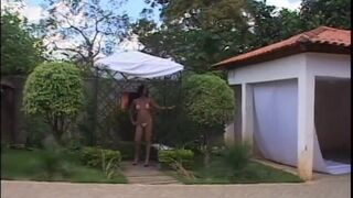 Chick with a dick bends guys ass over and fucks it deep outdoors