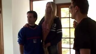 Blonde slut double penetrated and bukkake covered in jizz