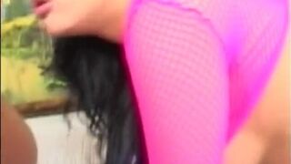 Brunette babe gets anally drilled in close up