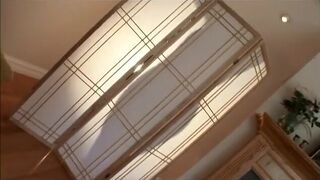 Brunette slut fucking hard against two cock