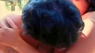 Sexy brunette shemale loves hot outdoor threesome