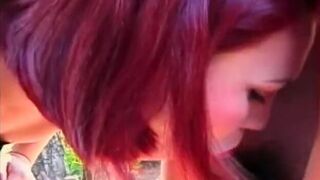 Sexy brunette shemale loves hot outdoor threesome